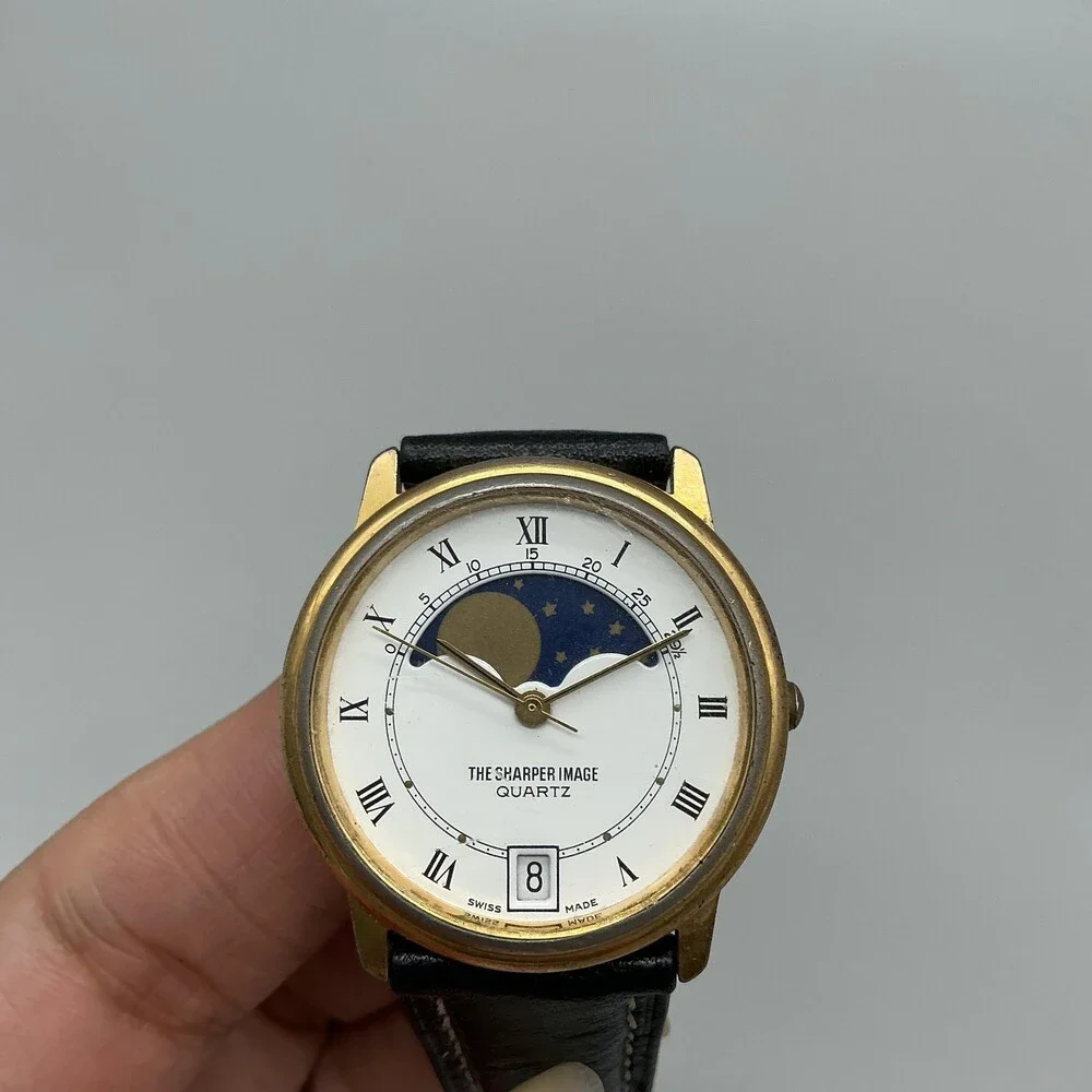The Sharper Image Mens Watch 32mm White Dial Moon Phase Date Swiss New Battery